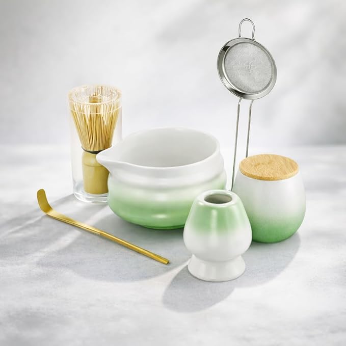 Matcha Whisk Set, Green Matcha Kit, 8 Pcs Matcha Set Includes Matcha Bowl with Spout, Matcha Whisk and Holder, Ceramic Tea Caddy, Bamboo Scoop, Scoop Rest, Sifter and Tea Towel, Gift for Tea Lover
