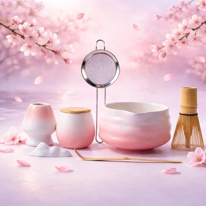 Matcha Whisk Set, Pink Matcha Kit, 8 Pcs Matcha Set Includes Matcha Bowl with Spout, Matcha Whisk and Holder, Ceramic Tea Caddy, Bamboo Scoop, Scoop Rest, Sifter and Tea Towel, Gift for Tea Lover