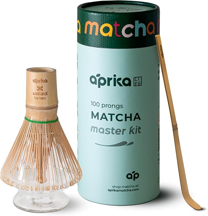 Aprika Life Matcha Bamboo Whisk Set with Holder | 100 Prong Chasen, Bamboo Scoop & Glass Whisk Holder | Matcha Whisk and Holder Starter Kit