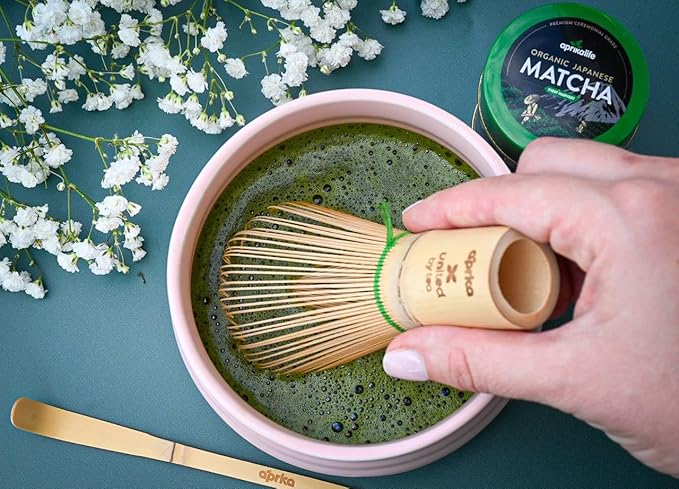 Aprika Life Matcha Bamboo Whisk Set 3 Pcs - Bamboo Whisk (Chasen) 100 Prongs, Scoop (Chashaku) & Stainless Steel Spoon - Handmade from 100% Natural Wood - Perfect for Japanese Matcha Green Tea