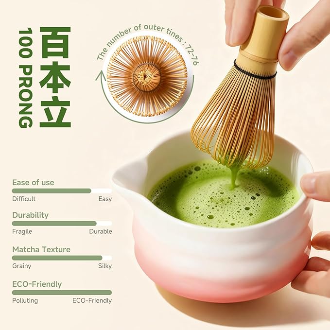 Matcha Whisk Set, Pink Matcha Kit, 8 Pcs Matcha Set Includes Matcha Bowl with Spout, Matcha Whisk and Holder, Ceramic Tea Caddy, Bamboo Scoop, Scoop Rest, Sifter and Tea Towel, Gift for Tea Lover