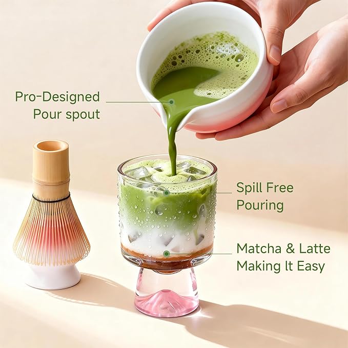Matcha Whisk Set, Pink Matcha Kit, 8 Pcs Matcha Set Includes Matcha Bowl with Spout, Matcha Whisk and Holder, Ceramic Tea Caddy, Bamboo Scoop, Scoop Rest, Sifter and Tea Towel, Gift for Tea Lover
