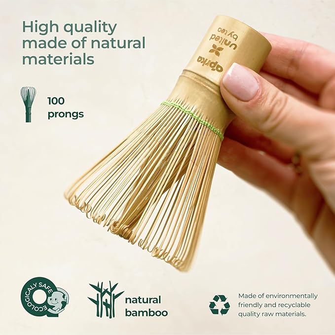 Aprika Life Matcha Bamboo Whisk Set 3 Pcs - Bamboo Whisk (Chasen) 100 Prongs, Scoop (Chashaku) & Stainless Steel Spoon - Handmade from 100% Natural Wood - Perfect for Japanese Matcha Green Tea
