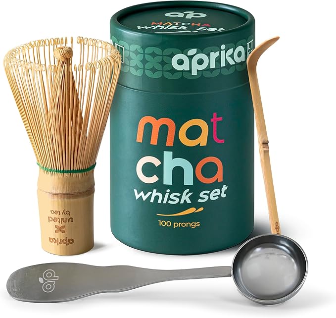 Aprika Life Matcha Bamboo Whisk Set 3 Pcs - Bamboo Whisk (Chasen) 100 Prongs, Scoop (Chashaku) & Stainless Steel Spoon - Handmade from 100% Natural Wood - Perfect for Japanese Matcha Green Tea