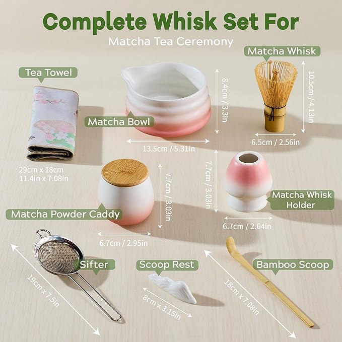 Matcha Whisk Set, Pink Matcha Kit, 8 Pcs Matcha Set Includes Matcha Bowl with Spout, Matcha Whisk and Holder, Ceramic Tea Caddy, Bamboo Scoop, Scoop Rest, Sifter and Tea Towel, Gift for Tea Lover