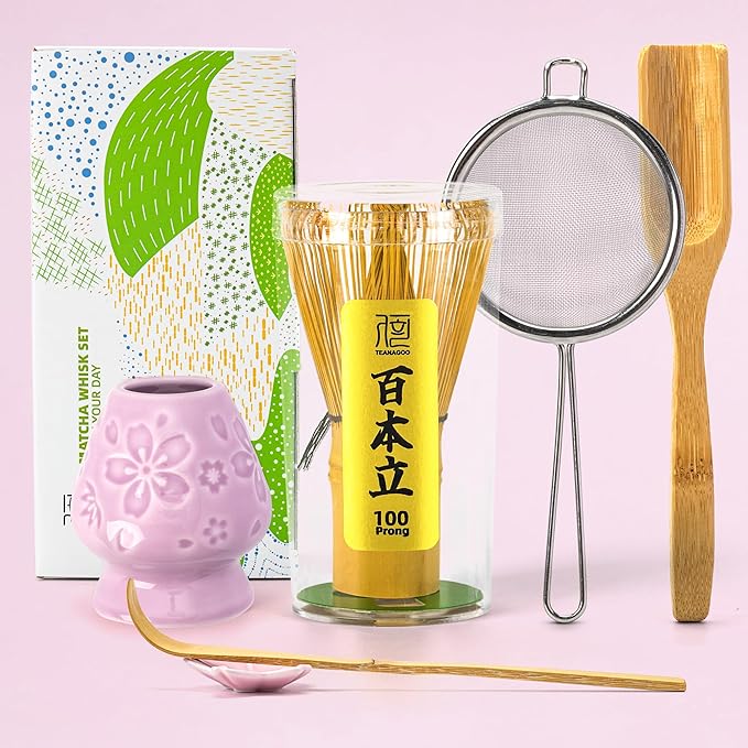 TEANAGOO Matcha Whisk Set,6-PCS Traditional Starter Set,100 Prongs Whisk with Purple Cherry Blossom Holder,Scoop(Chashaku),Bamboo Chasen,Tea Spoon,Ceremony Accessory