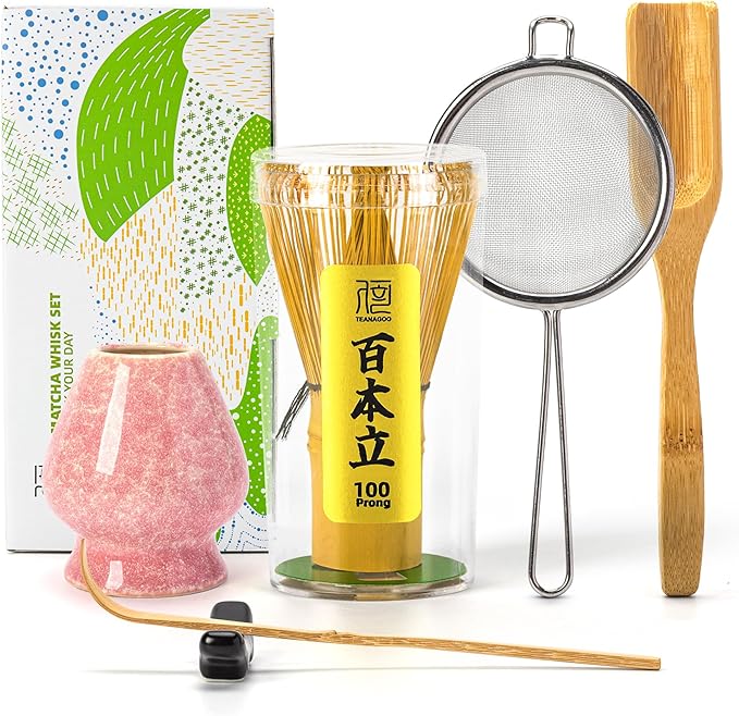 TEANAGOO Matcha Whisk Set,Matcha Whisk (100 prongs) with Pink Holder,6-PCS Traditional Starter Set,Scoop (Chashaku),Tea Spoon,Bamboo Chasen for Making Latte,Ceremony Accessory,Gife for Friend/Family