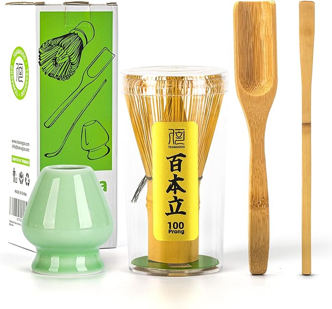 TEANAGOO Matcha Whisk Set, Bamboo Matcha Whisk (Chasen), 4 Pcs Traditional Starter Matcha Set, Scoop (Chashaku) Tea Spoon Whisk Holder, Matcha Accessory, Bamboo Whisk For Matcha Tea (100prongs)