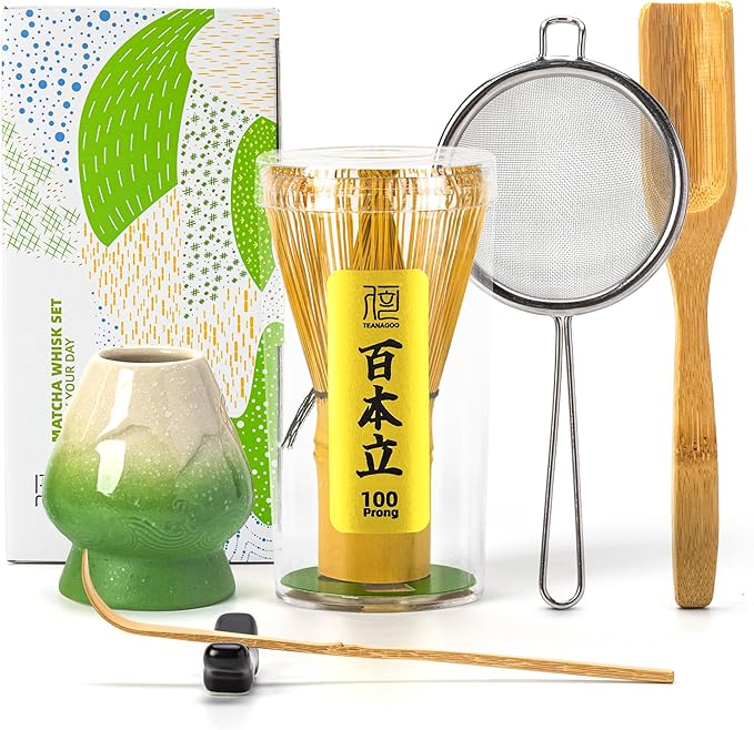 TEANAGOO Matcha Whisk Set,Matcha Whisk(100 prongs) with Green Holder,6-PCS Traditional Starter Set,Scoop(Chashaku),Tea Spoon,Bamboo Chasen for Making Latte,Ceremony Accessory,Gife for Friend/Family