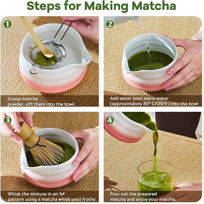 Matcha Whisk Set, Pink Matcha Kit, 8 Pcs Matcha Set Includes Matcha Bowl with Spout, Matcha Whisk and Holder, Ceramic Tea Caddy, Bamboo Scoop, Scoop Rest, Sifter and Tea Towel, Gift for Tea Lover