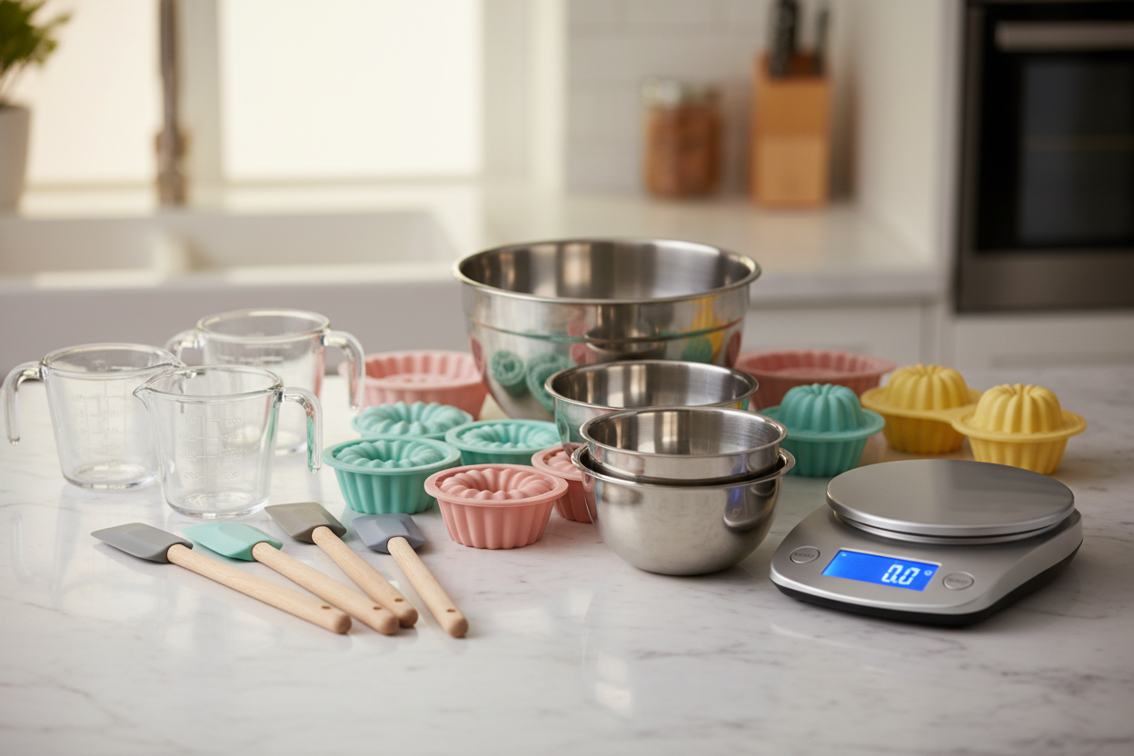 Baking Tools: Mixing bowls, silicone molds, spatulas, measuring cups, and precision baking scales—everything you need for perfect results every time. (make it real photo)