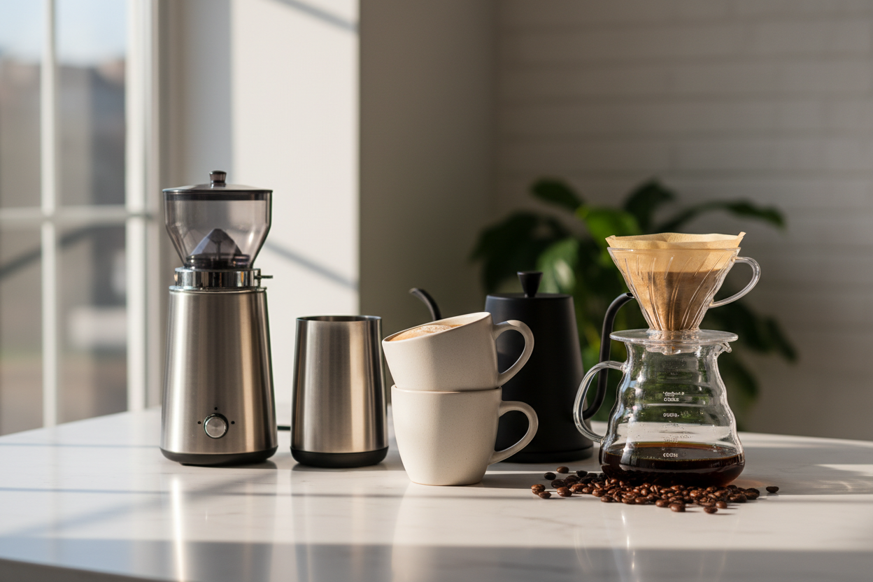 Home Cafe Accessories: Coffee grinders, milk frothers, mugs, and pour-over sets for that authentic café experience at home. (make it real photo)
