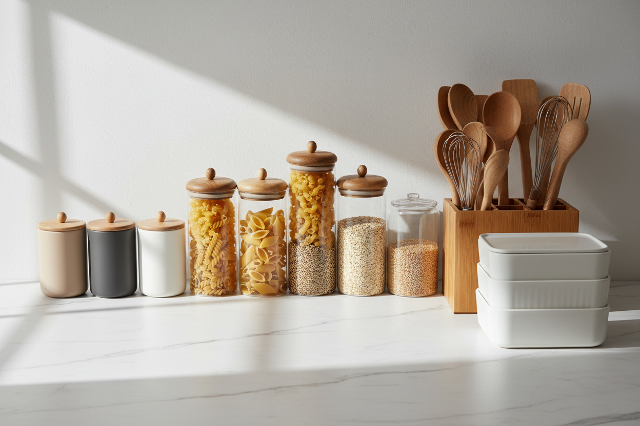 Storage & Organization: Elegant jars, containers, and utensil organizers to keep your kitchen clean and stylish. (make it real photo)
